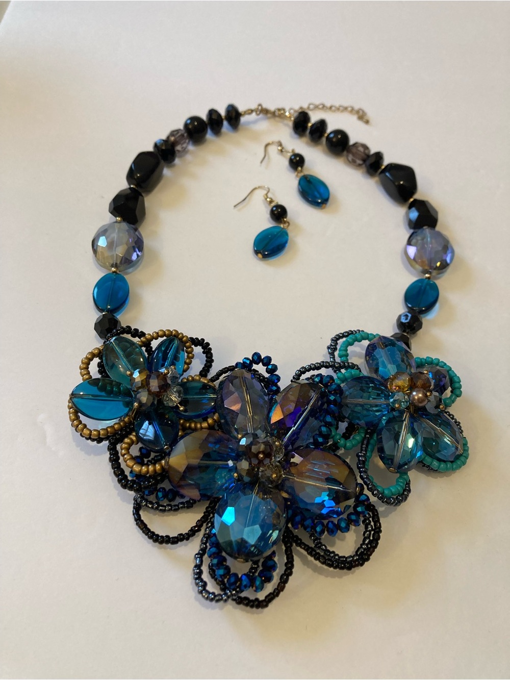 Blue Floral Statement Necklace and Earrings - Women Jewelry